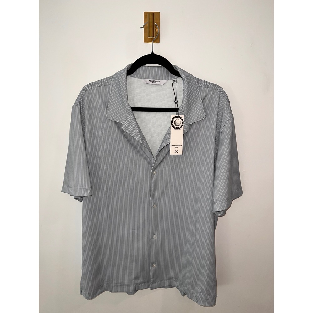 NWT Kenneth Cole New York Golf Shirt Mens‎ XL Sea Blue Striped Camp Collar